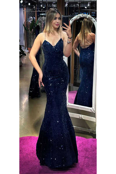 Abiyeniall Lacivert İp Askılı Sırt Dekolteli Balık Etekli Pul Payet Uzun Abiy...