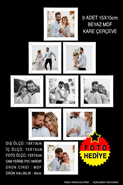 yeditepe hayat 9 ADET 15X15 BEYAZ ÇERÇEVE MDF YAPIŞTIRABİLİR-ASABİLİR KULLANA...