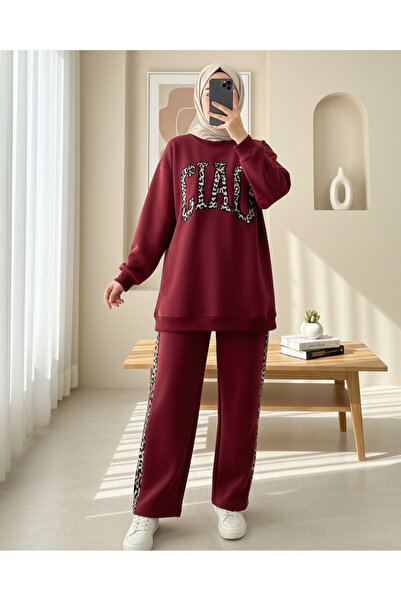 Modamorfo Σετ φούτερ με τρεις κλωστές με λεπτομέρεια με λεοπάρ σχέδιο στο μπροστινό μέρος - Βουργουνδία