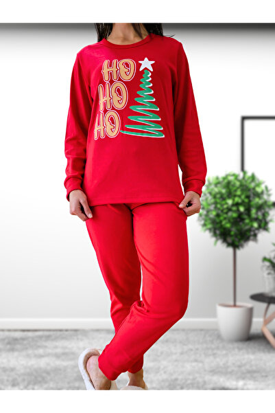 YusGos Printed Cotton Women's New Year Family Pajamas Set (Ho Ho Ho) Red XL