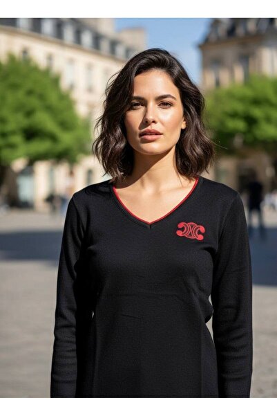 YusGos Women's V-Neck Chest Embroidered High Quality Knitwear Sweater