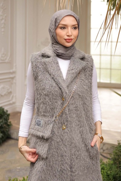 İmajButik Smoked Bag Angora Plush Fur Vest with Gift