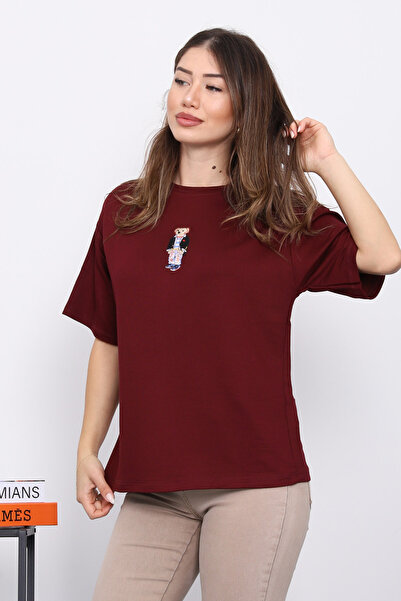 İmajButik Burgundy Embroidered Modal Short Sleeve T-Shirt