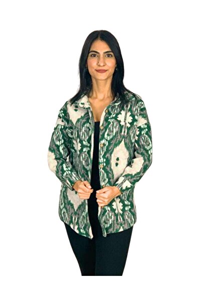 YusGos Women's Single Pocket Patterned Thick Lumberjack Jacket Shirt (Green-White) Standard Green
