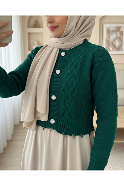 Modamorfo Ζακέτα με σχισίματα και πέτρινα κουμπιά - σμαραγδί