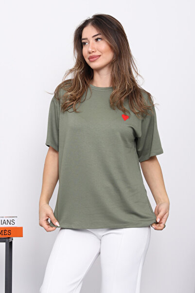İmajButik Khaki Embroidered Short Sleeve Modal T-Shirt