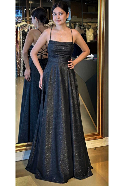 Abiyeniall Siyah İp Askılı Kare Yaka Sırt Dekolteli Kloş Etekli Simli Uzun Ab...