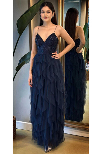 Abiyeniall Lacivert İp Askılı Boncuk İşlemeli Sırt Dekolteli Kloş Etekli Tül ...