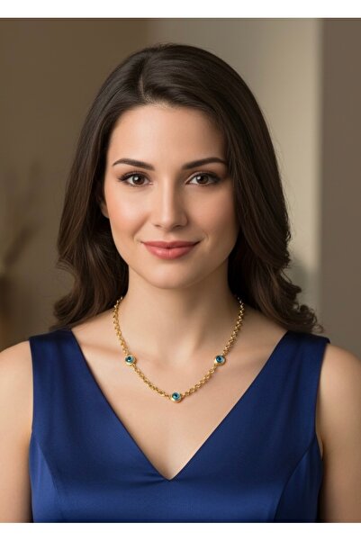 MODAMİRA AKSESUAR قلادة فولاذية مطلية بالذهب مع خرز العين الزرقاء |   الطول 4...