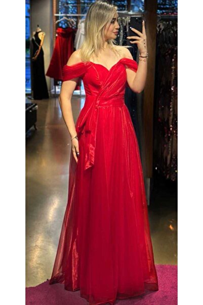 Abiyeniall Rochie roșie cu mâneci scăzute, cu fantă, fustă evazată, tul, roch...