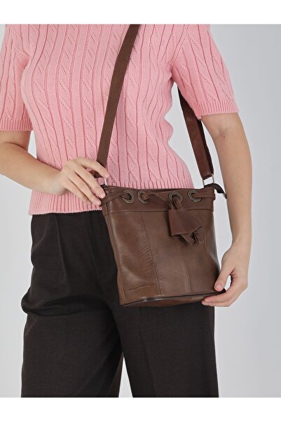 Erzeno Geantă Messenger bretea crossbody din piele naturală pentru femei – Geantă de umăr maro model găleată