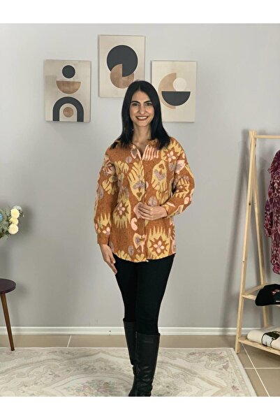 YusGos Women's Single Pocket Patterned Thick Lumberjack Jacket Shirt (Tile) Standard Khaki