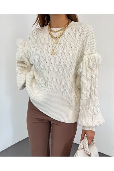 Modamorfo Трикотажний светр з балонними рукавами та бахромою - Камінь