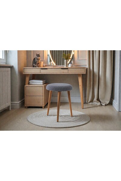 Framgan Modern Ahşap Ayaklı Teddy Kumaş Tabure – Makyaj Masası & Ayak Dinlendirme – Elegant Gri