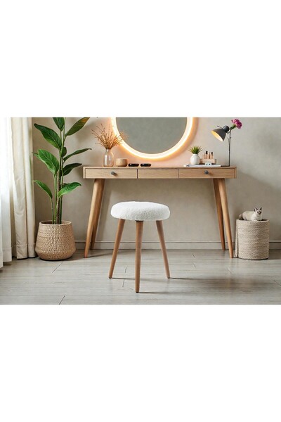 Framgan Modern Ahşap Ayaklı Teddy Kumaş Tabure – Makyaj Masası & Ayak Dinlendirme – Elegant Beyaz
