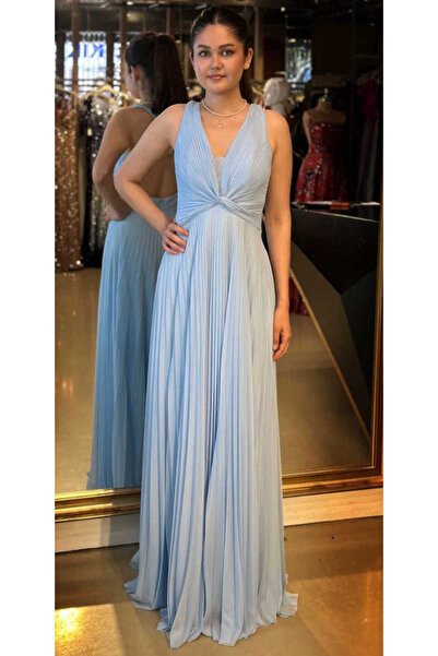 Abiyeniall Mavi Kalın Askı Sırt Dekolteli Kloş Etekli Şifon Tül Uzun Abiye El...