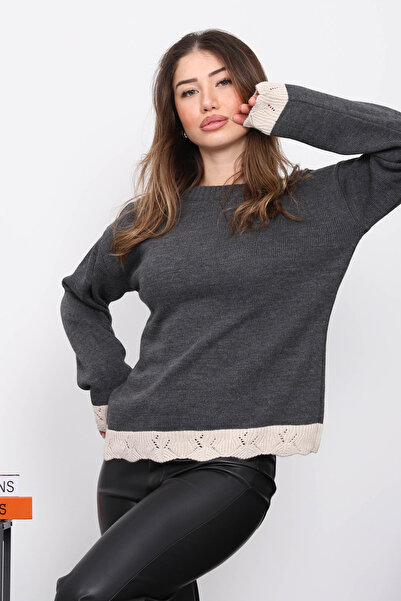İmajButik Anthracite Crew Neck Knit Sweater with Guipure Detail on Sleeves and Hem
