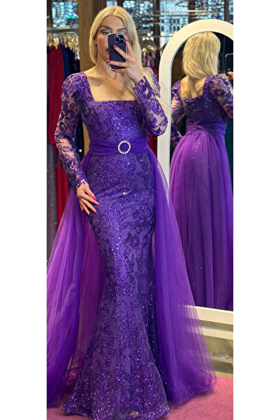 Abiyeniall Mor Uzun Kollu Düz Kesim Simli Uzun Abiye Elbise 7363