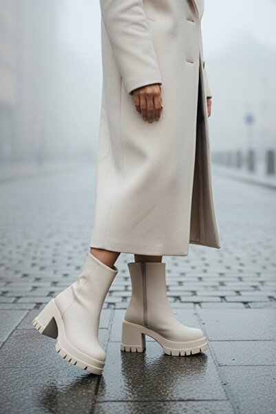 Limeo Δερμάτινη εμφάνιση με φερμουάρ στο πλάι με ψηλό τακούνι, χειμερινές γυναικείες κρεμ κοντές μπότες