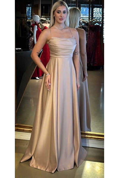 Abiyeniall Somon Rengi İp Askılı Sırt Dekolteli Kloş Etekli Saten Uzun Abiye ...