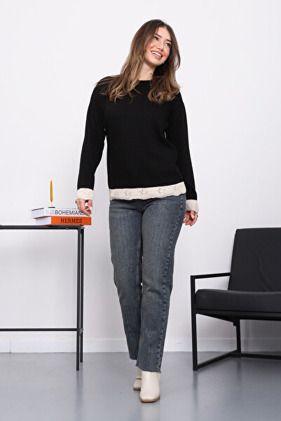 İmajButik Black Crew Neck Knit Sweater with Guipure Detail on Sleeves and Hem