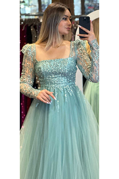 Abiyeniall Mátové dlouhé večerní šaty s dlouhým rukávem a rozšířenou sukní z tylu 7352