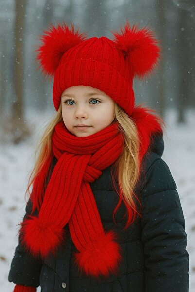 Genel Markalar Kız Bebek Çift Ponponlu Atkı Bere Takımı 4/14 yaş