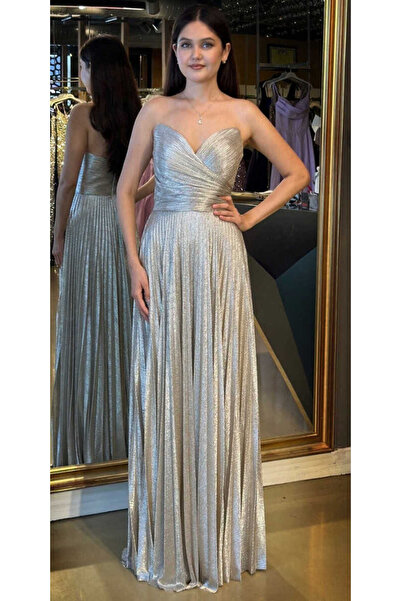 Abiyeniall Gri Straplez Yaka Kloş Etekli Jakarlı Uzun Abiye Elbise 11080