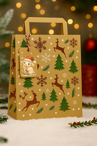 Dekals SET (Paket+Kart+İp) Büyük Boy Kraft Flat Saplı Hediye Poşeti + 1 Metre Süs İp + Yılbaşı Tebrik Kartı