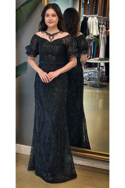 Abiyeniall Siyah Balon Kollu Dantel Detaylı Düz Kesim Simli Uzun Abiye Elbise...