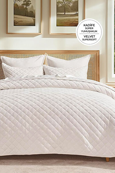Evlen Home Collection Velvet Bedspread Set - Double, Supersoft Quilted, 3 Pieces, Soft Fiber Filled, Off White