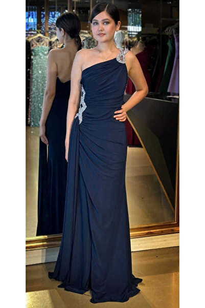 Abiyeniall Lacivert Tek Omuzlu Taş Detaylı Yırtmaçlı Anvelop Etekli Likralı U...