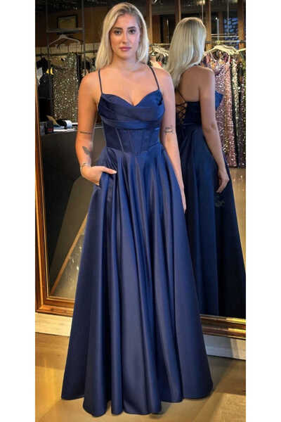 Abiyeniall Lacivert İp Askılı Sırt Dekolteli Kloş Etekli Saten Uzun Abiye Elb...