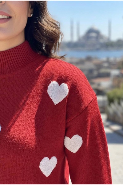 YusGos Women's Heart Patterned Sweater Dress