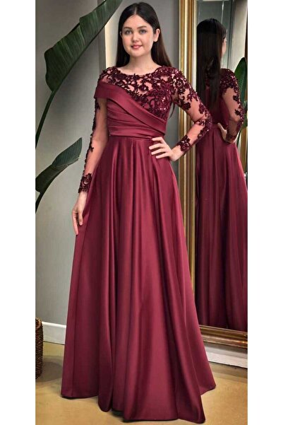 Abiyeniall Vişne Renk Uzun Kollu Dantel Detaylı Kloş Etekli Saten Uzun Abiye ...