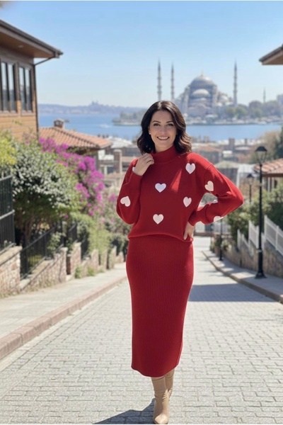 YusGos Women's Heart Patterned Sweater Dress