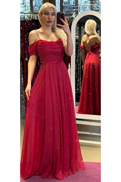 Abiyeniall Kırmızı İp Askılı Sırt Dekolteli Kloş Etekli Simli Kumaş Uzun Abiy...