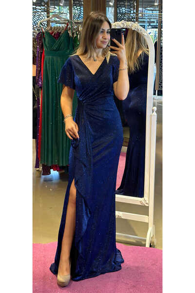 Abiyeniall Saks Kısa Kollu Yırtmaçlı Düz Kesim Simli Uzun Abiye Elbise 7439