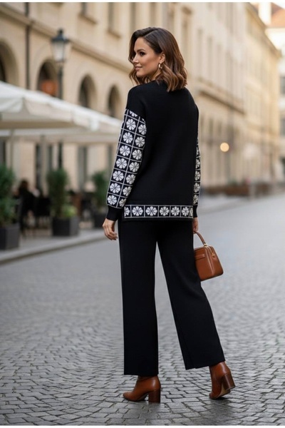 YusGos Women's Clover Patterned Top and Bottom Pants Sweater Knitwear Set