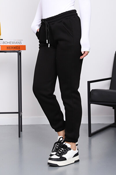 İmajButik Μαύρο παντελόνι αθλητικής φόρμας Three Thread Ş επένδυση fleece