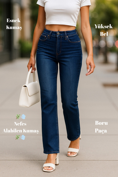 CEDY DENIM Kadın Boru Paça Yüksek Bel Regular Fit Likralı Pantolon-c607-ham-mavi