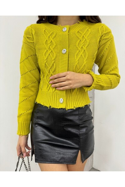 Modamorfo Κροπ ζακέτα με σχισμένο πέτο με πέτρινα κουμπιά - Πράσινο λαδί