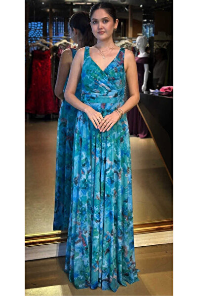 Abiyeniall Turkuaz Kalın Askı Kloş Etekli Desenli Tül Uzun Abiye Elbise 7594