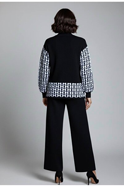 YusGos Women's Geometric Patterned Bottom Top Pants Sweater Knitwear Set