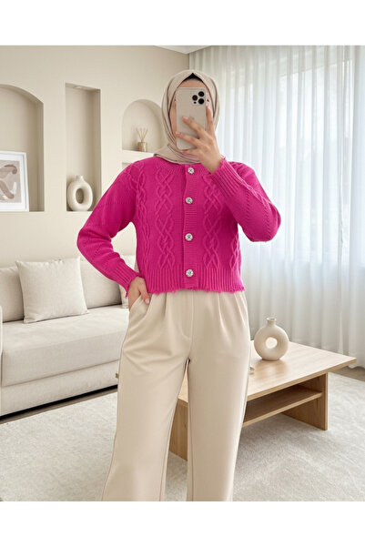 Modamorfo Kőgombos, szakadt kivágású kardigán - fukszia