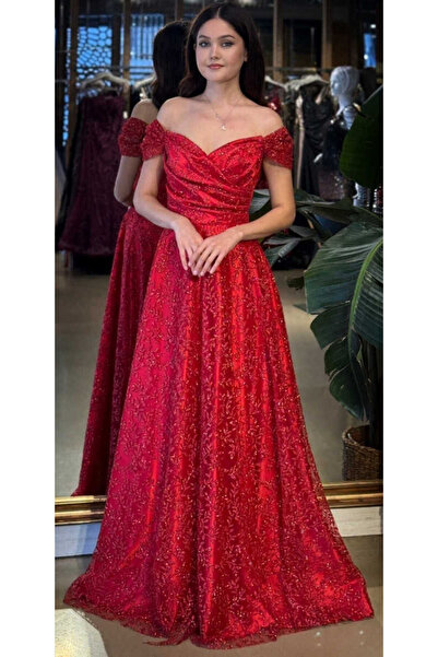 Abiyeniall Kırmızı Madonna Yaka Sırt Dekolteli Kloş Etekli Simli Uzun Abiye E...