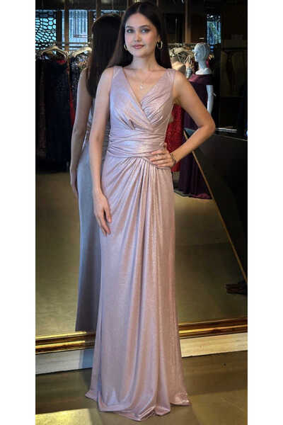 Abiyeniall Rose Kalın Askı V Yaka Anvelop Yırtmaçlı Düz Kesim Simli Uzun Abiye Elbise 11074