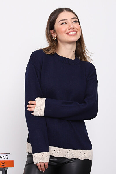 İmajButik Navy Blue Crew Neck Knit Sweater with Guipure Detail on Sleeves and Hem