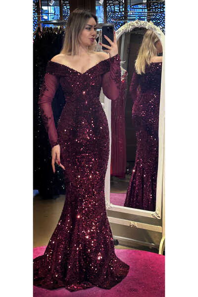 Abiyeniall فستان سهرة على شكل سمكة بأكمام طويلة مزين بالترتر اللامع - Abiyenial 6840