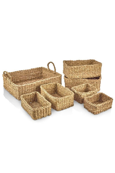 Evistro سلة من الخوص للتنظيم مستطيلة الشكل مزخرفة بشكل طبيعي مكونة من 7 قطع